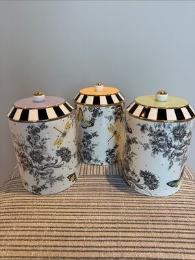 MacKenzie-Childs Butterfly Toile Ceramic Canister Set with Pastel Lids